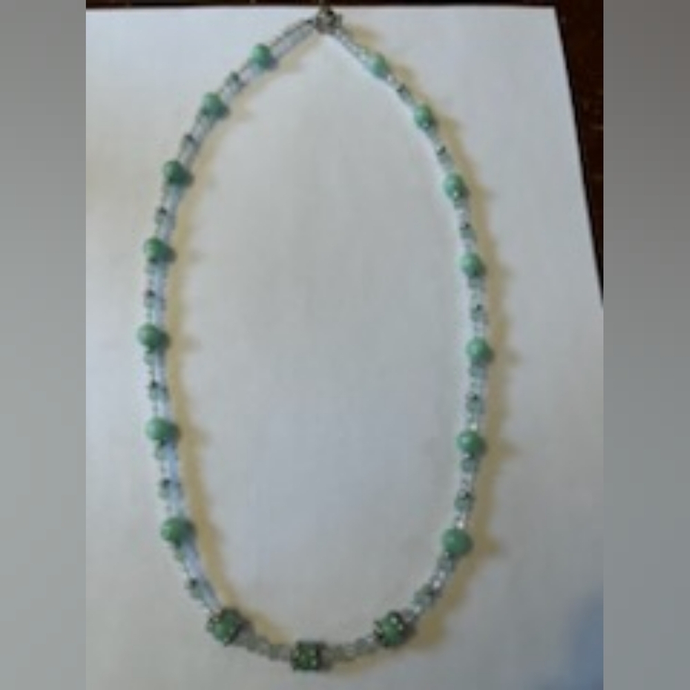 Jelly's Jewelry and Boutique Handcrafted Green and Clear Beaded Necklace